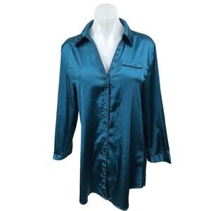 Ekouaer Blue Silk Satin Long Sleeve Collar Button Mini Nightgown Shirt Dress M